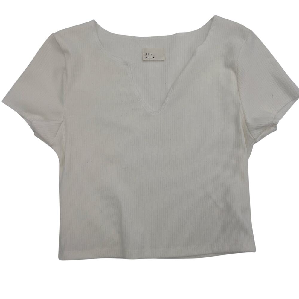 Dee Elly Womens Ribbed Crop Top S White V-Neck Short Sleeve Stretch USA Made